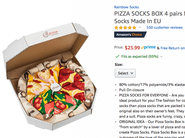 A four-pack of pizza socks available on Amazon for $25.99 (great for Father's Day)