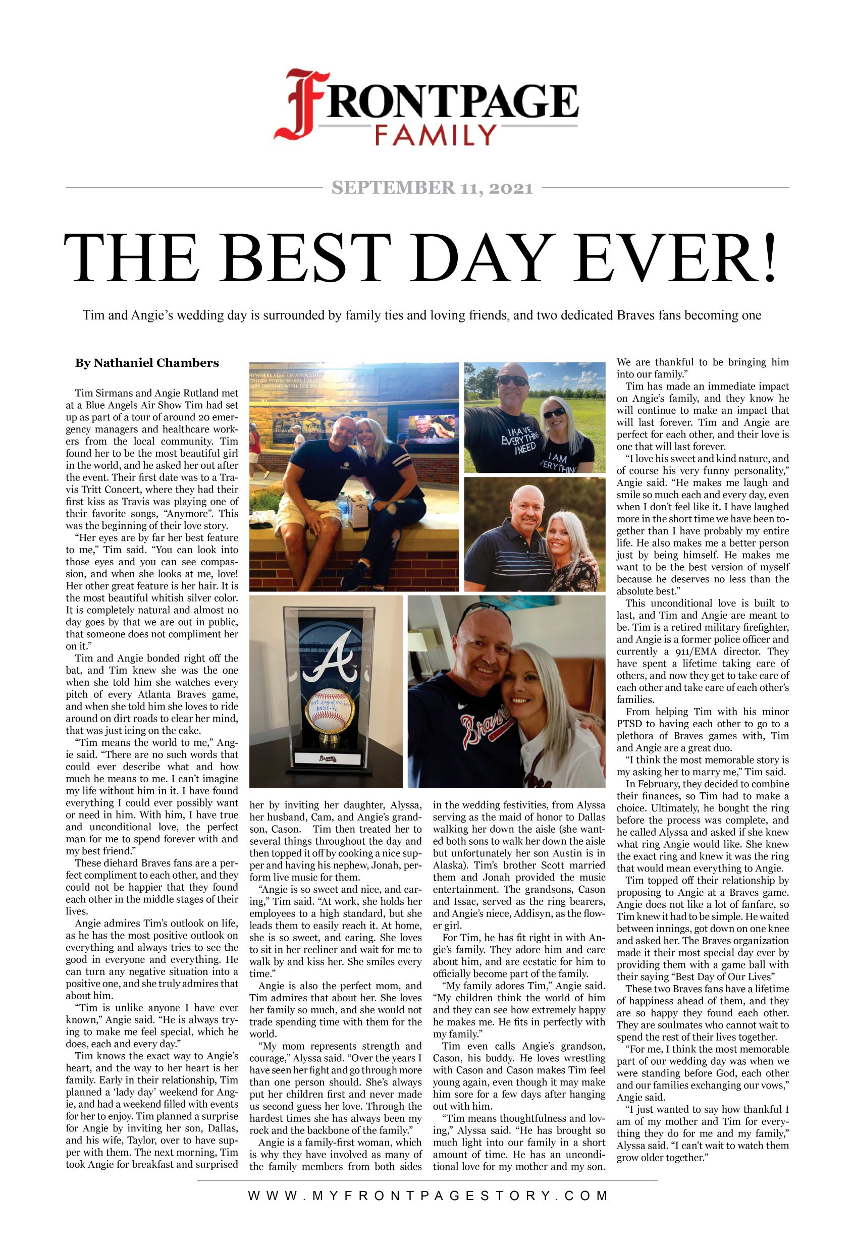 Personalized newspaper headlines: Tim and Angie's story titled 'THE BEST DAY EVER!'