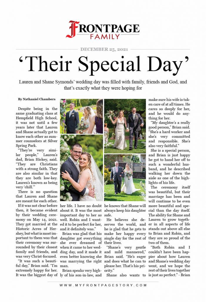 personalized news story about Lauren & Shane's wedding day titled 'Their Special Day'
