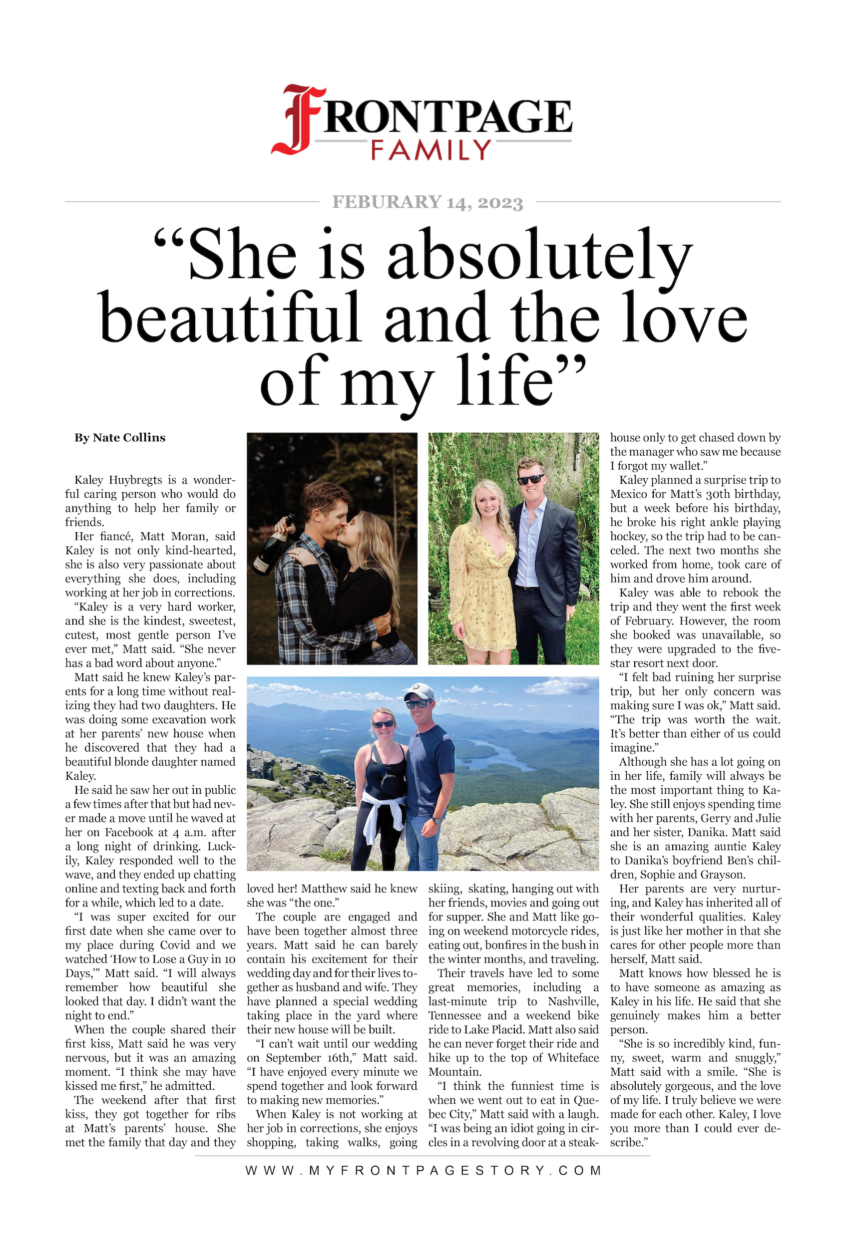 A frontpage story about Kaley Huybregts titled “She is absolutely beautiful and the love of my life"