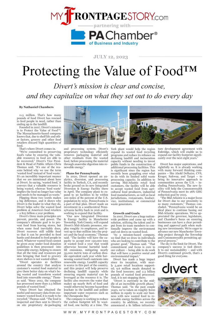 News story about the company Divert titled ‘Protecting the Value of Food'