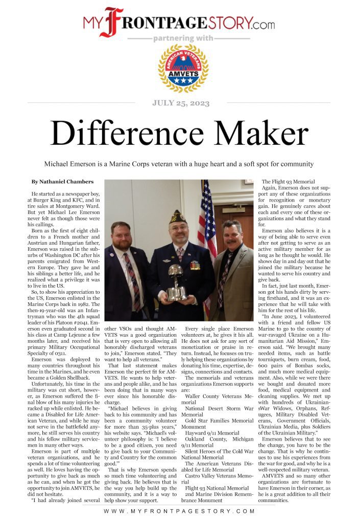 veteran of the month's custom story written about Michael Emerson titled 'Difference Maker'