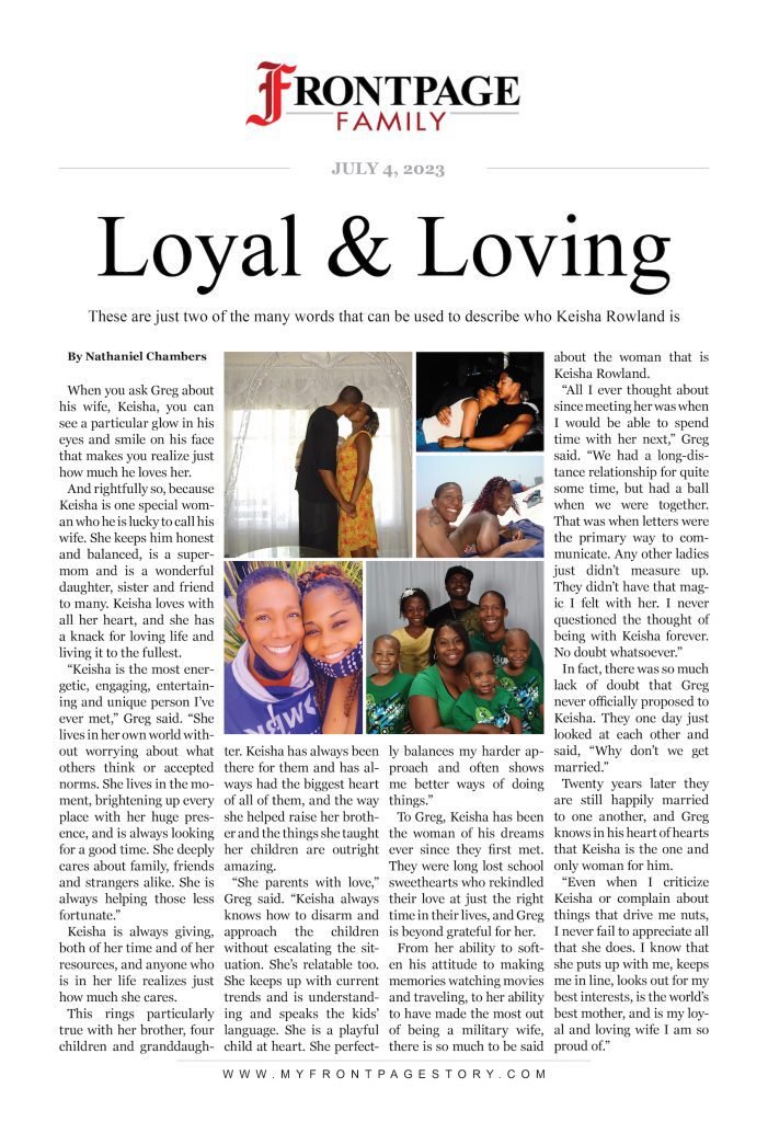 personalized newspaper story for Lakeisha Rowland titled 'Loyal and Loving'