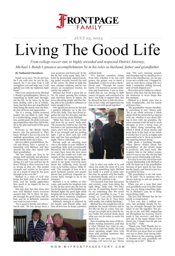 personalized birthday newspaper story for Michael Bundy titled 'Living The Good Life'