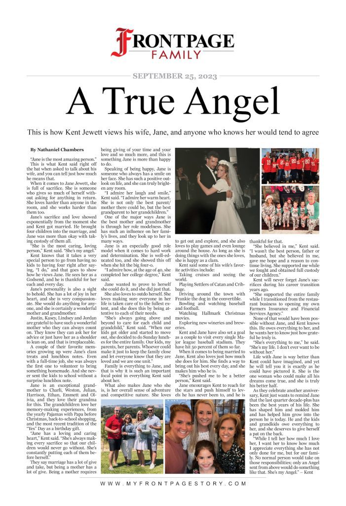 personalized anniversary newspaper story about Jane Jewett titled 'A True Angel'