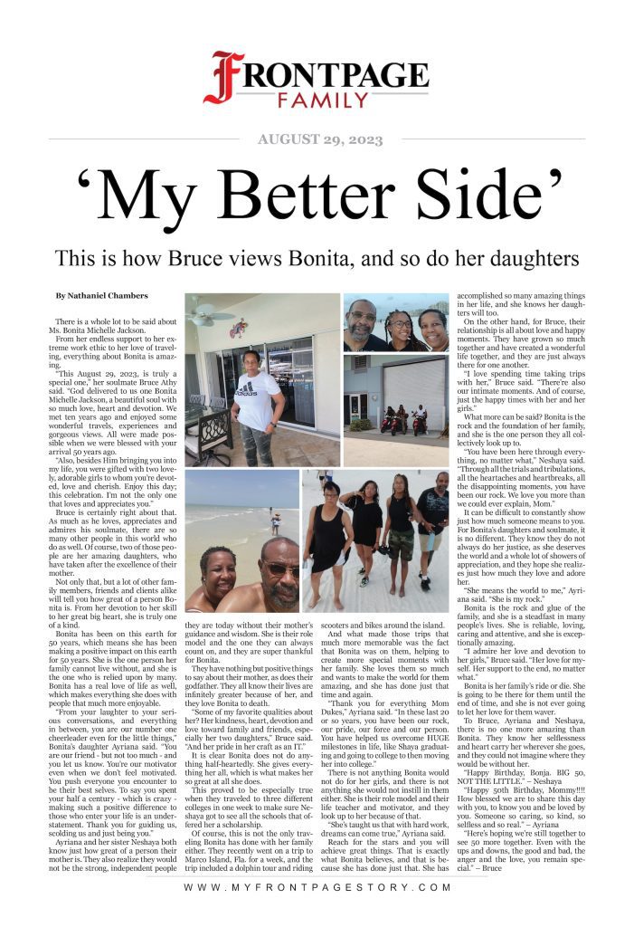 personalized newspaper about Bonita Jackson story titled ‘My Better Side’