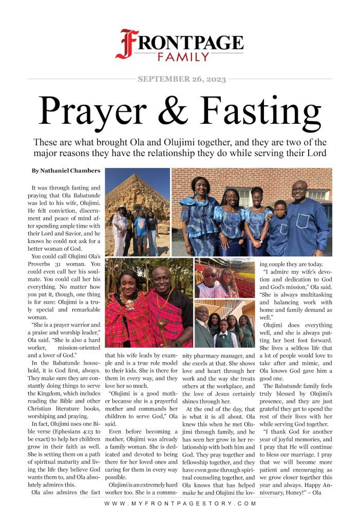 Ola and Olujimi Babatunde's custom anniversary newspaper story titled 'Prayer & Fasting'