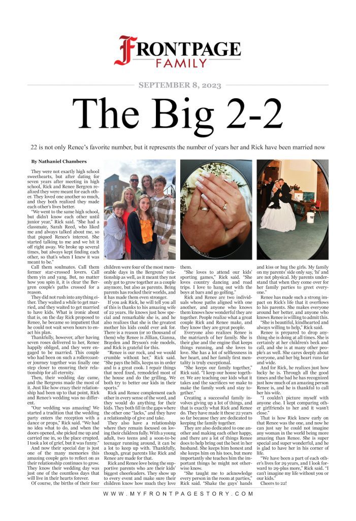 custom newspaper story about Renee & Rick Bergren titled 'The Big 2-2'