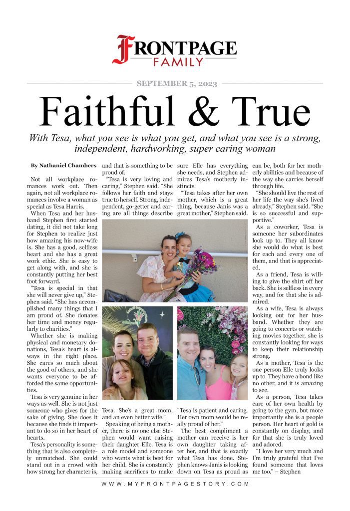 personalized news story about Tesa Harris titled 'Faithful & True'