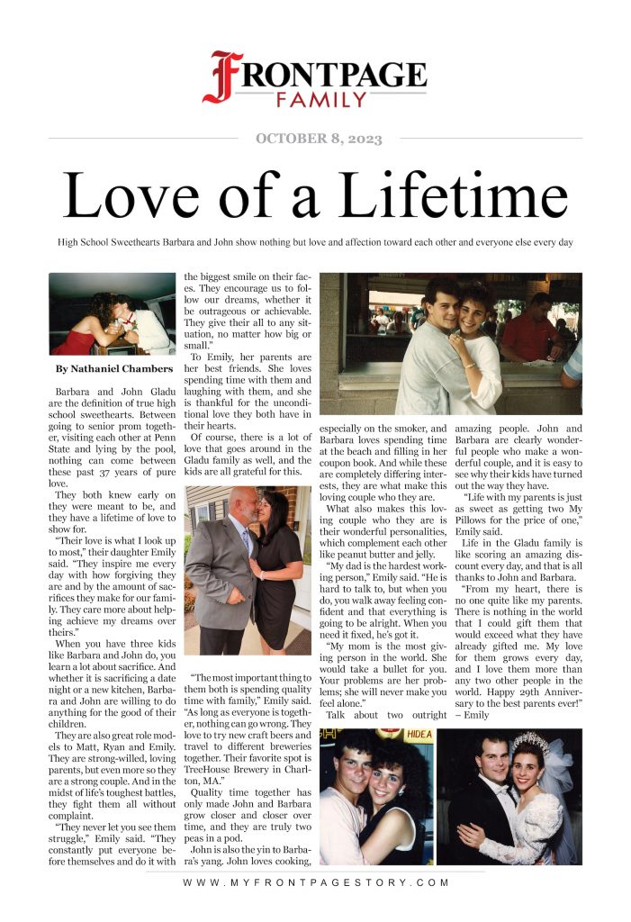High School Sweethearts Barbara and John's personalized anniversary story titled 'Love of a Lifetime'