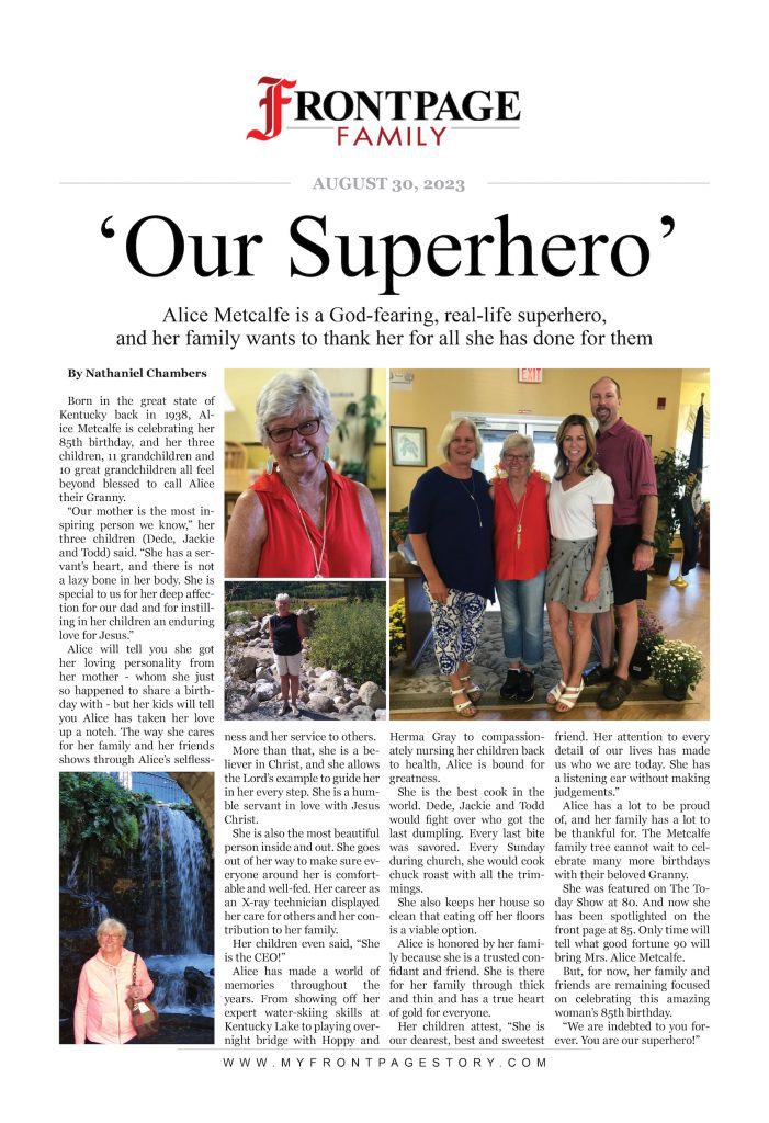 personalized newspaper story about superhero Alice Metcalfe titled ‘Our Superhero’