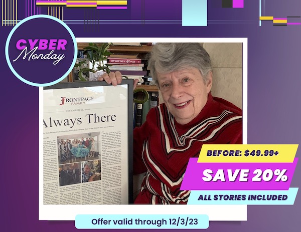 Cyber Monday Sale ad with woman holding her framed personalized story on her leg