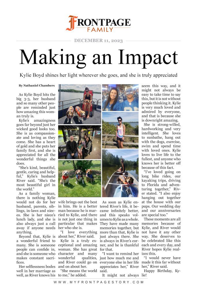 personalized newspaper story for Kylie Boyd titled 'Making an Impact'