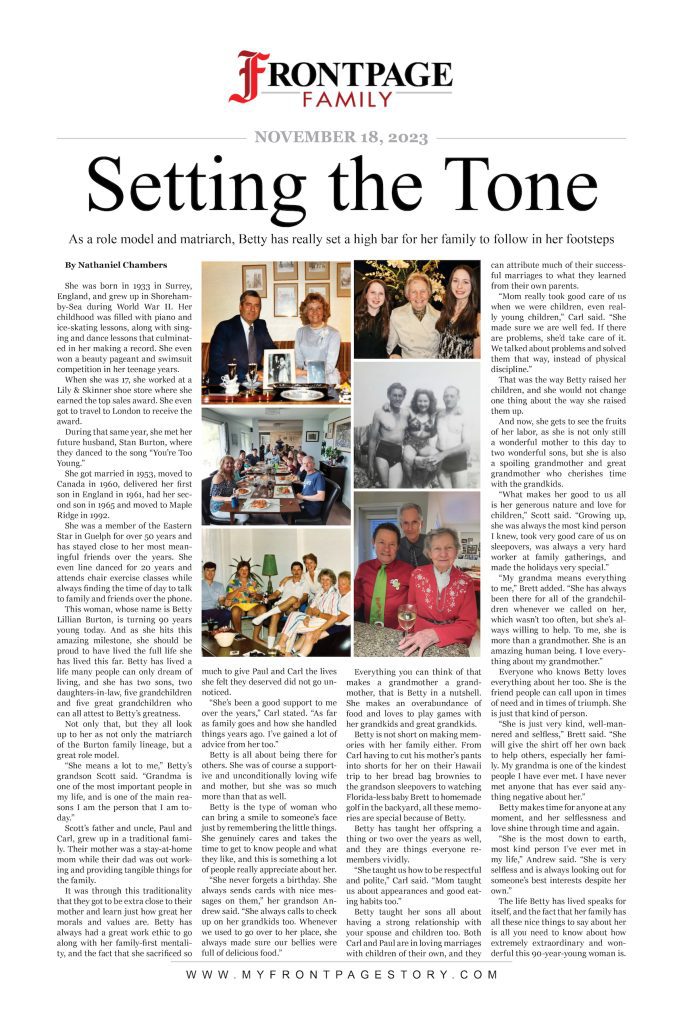 Betty Burton's 90th birthday gift newspaper titled 'Setting the Tone'
