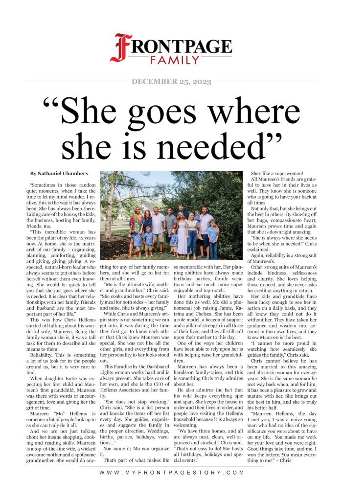 personalized newspaper story titled “She goes where she is needed”