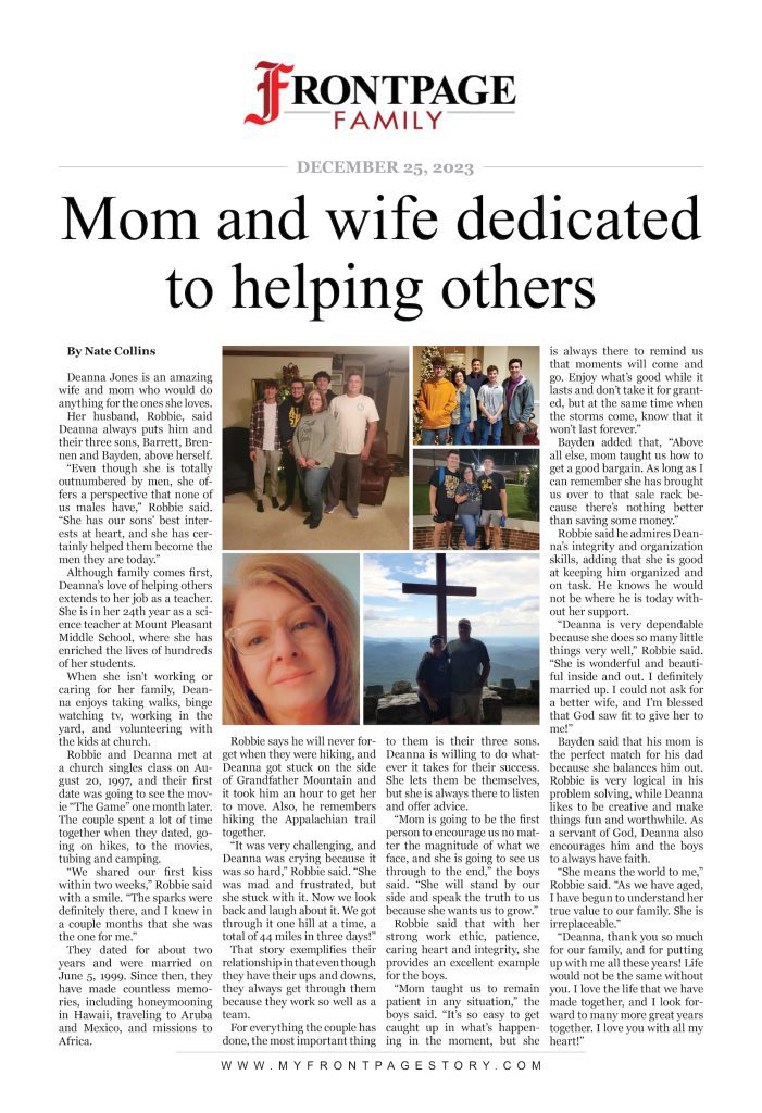 Deanna: Mom and wife dedicated to helping others personalized newspaper