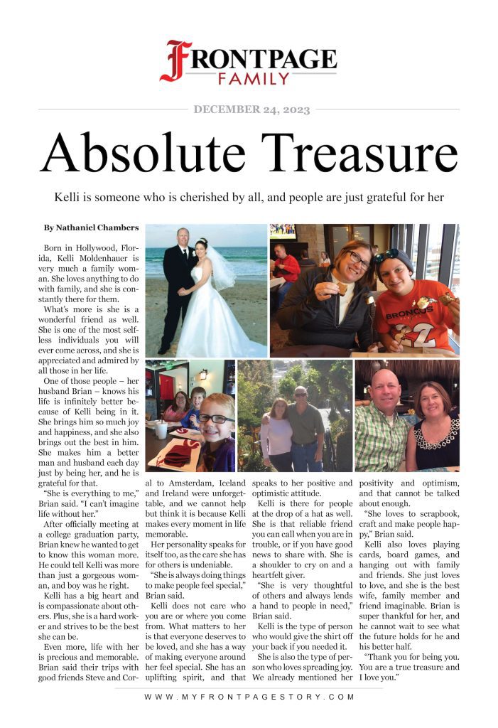 Absolute Treasure: Kelli Moldenhauer personalized newspaper story