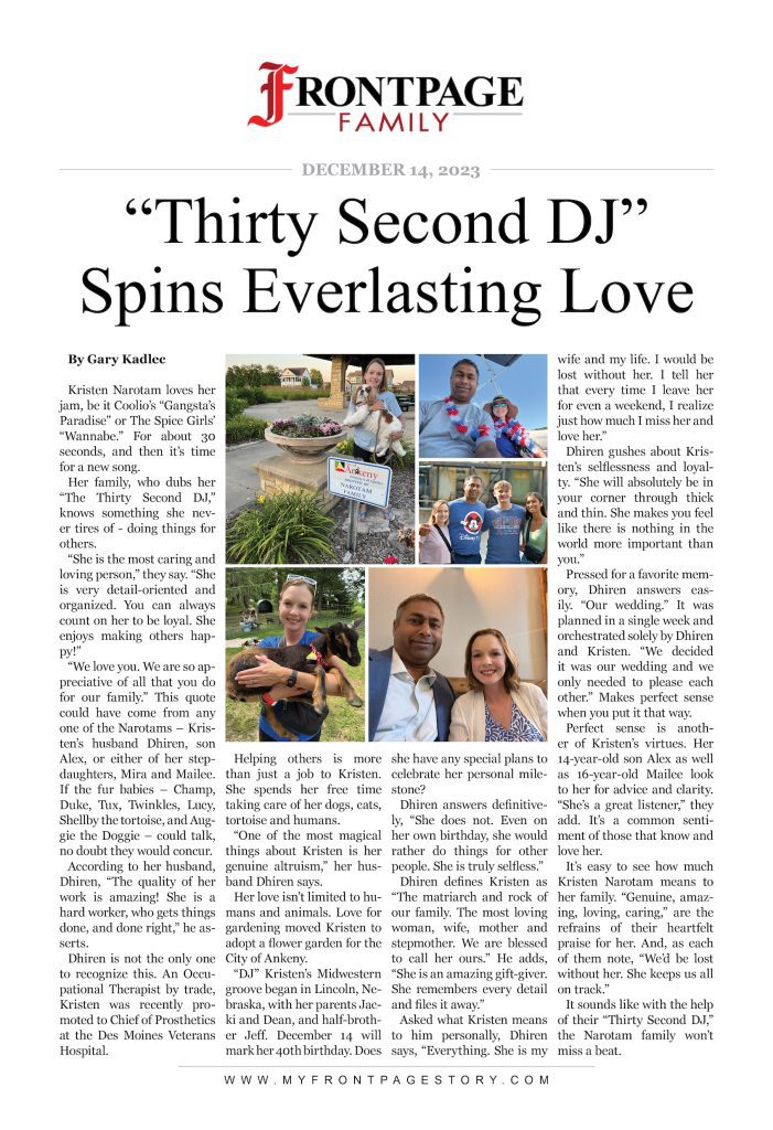 “Thirty Second DJ” Spins Everlasting Love personalized newspaper story