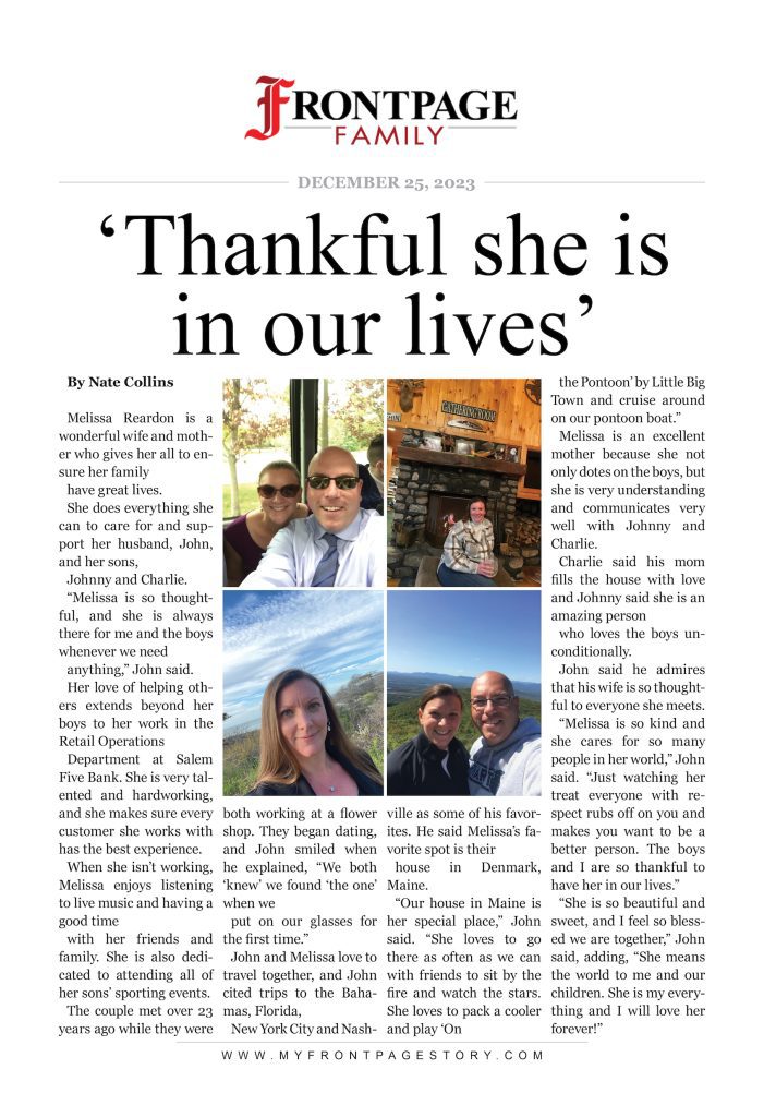 ‘Thankful she is in our lives’: Melissa Reardon custom newspaper story