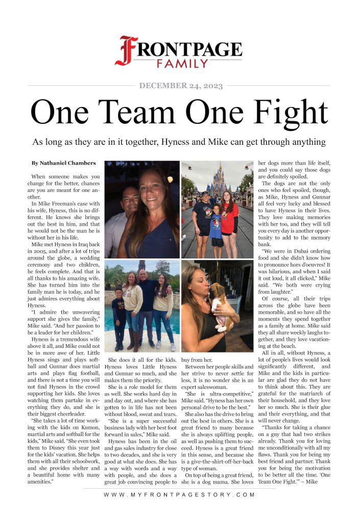 One Team One Fight: Hyness and Mike custom newspaper story
